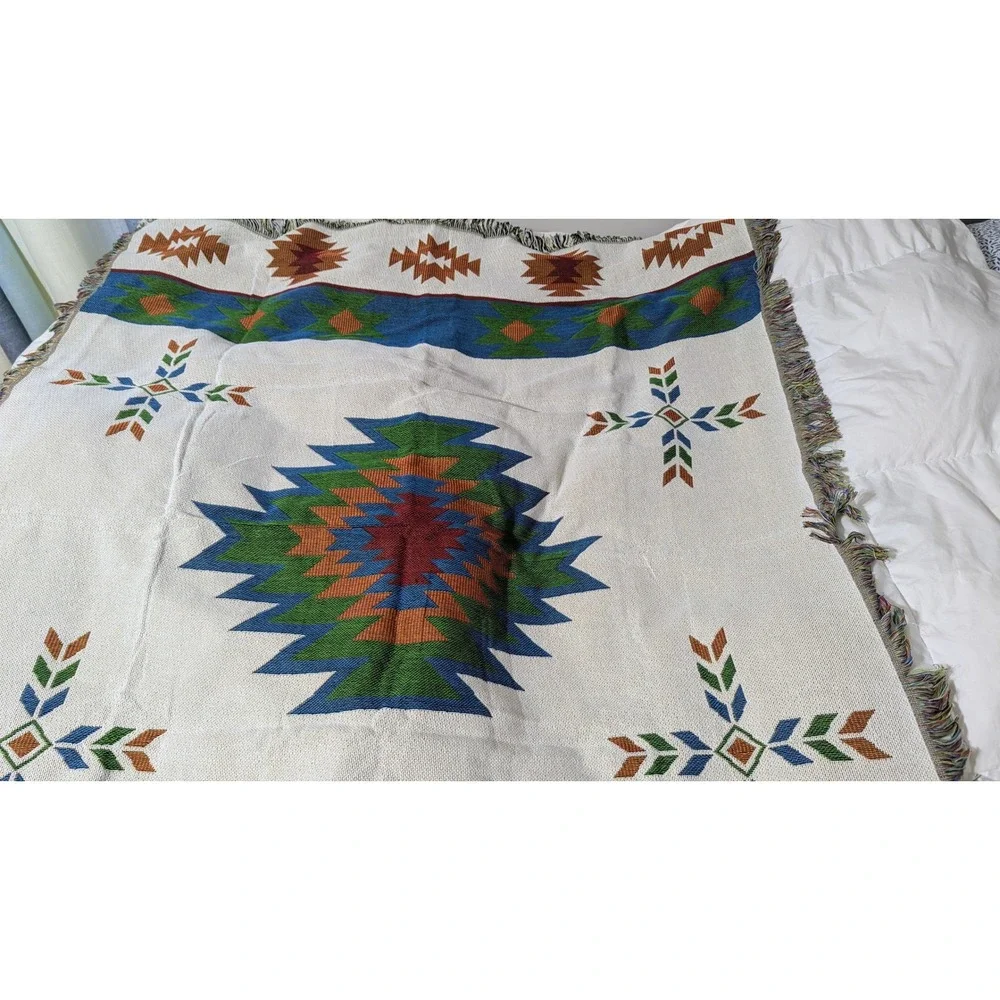 Southwest Woven Throw Blanket Fringed Edges blue green rust orange red